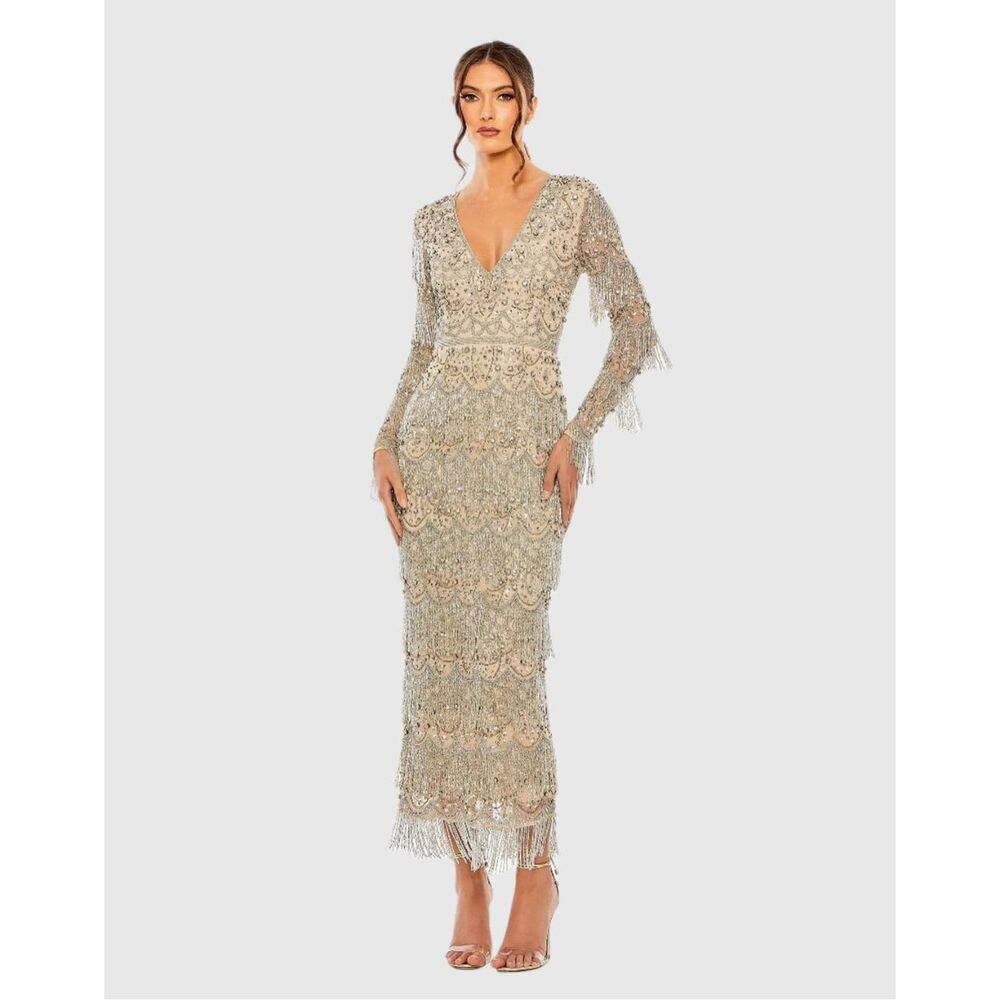 NWOT MAC DUGGAL Beige V-Neck Beaded Fringe Embellished Sheath Dress Size 14 $149